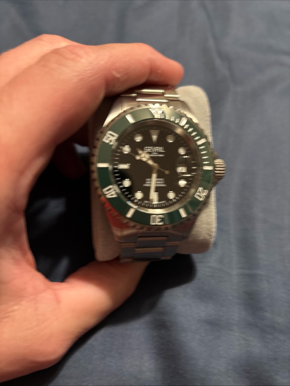 Stainless Steel Men's Watch with Black Dial and Green Bezel